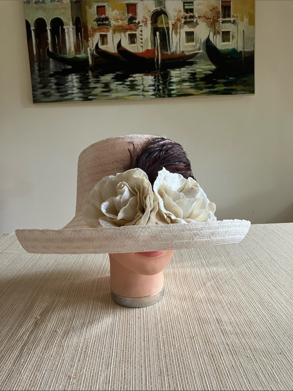 Elegant Beige Wide-Brim Floral Accent Women's Hat With Brown Feather Accent